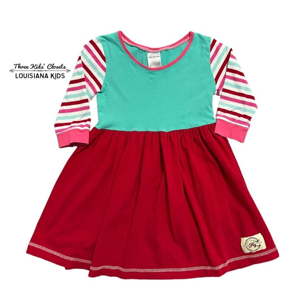 Kids Fly Too + K Pea Sz 5 Red Teal Pink Striped Sleeve Dress